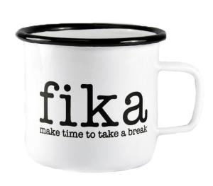 Mugg "Fika", svart/vit (emaljmugg)
