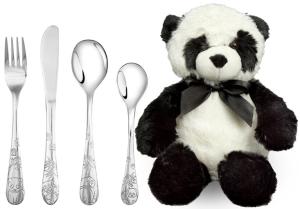 Barnset med 4 rostfria bestik och mjukis panda Doppresent