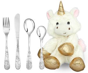 Barnset med 4 rostfria bestik och mjukis enhörning Doppresent